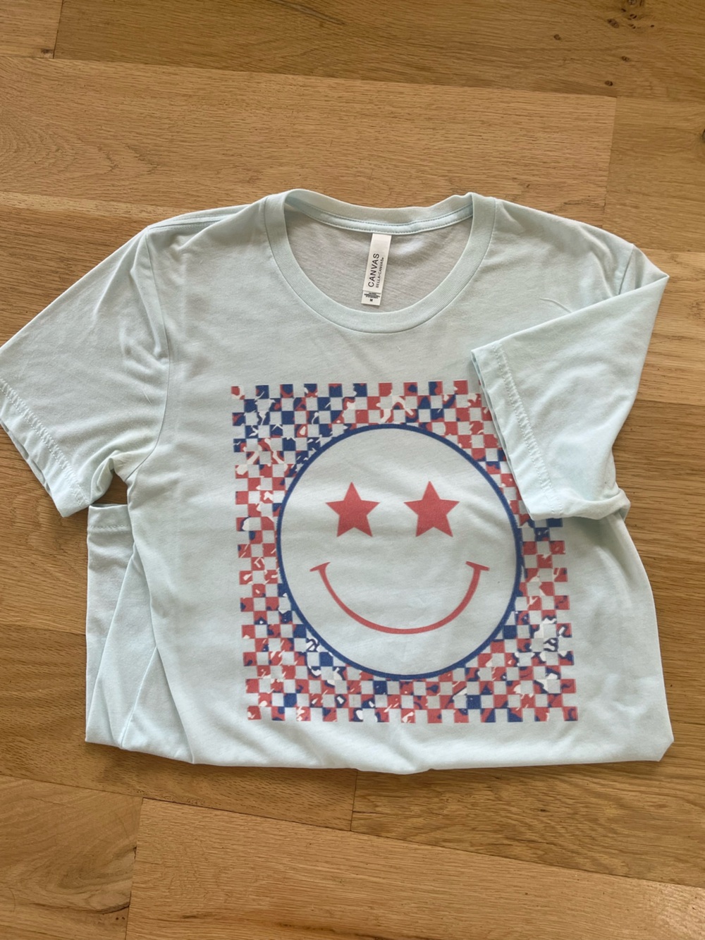 Pink Lilly Light blue Graphic Tee with Red and Navy Checker Smiley